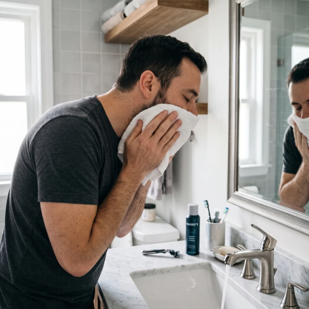 Man softening beard with a warm washcloth at the sink before shaving