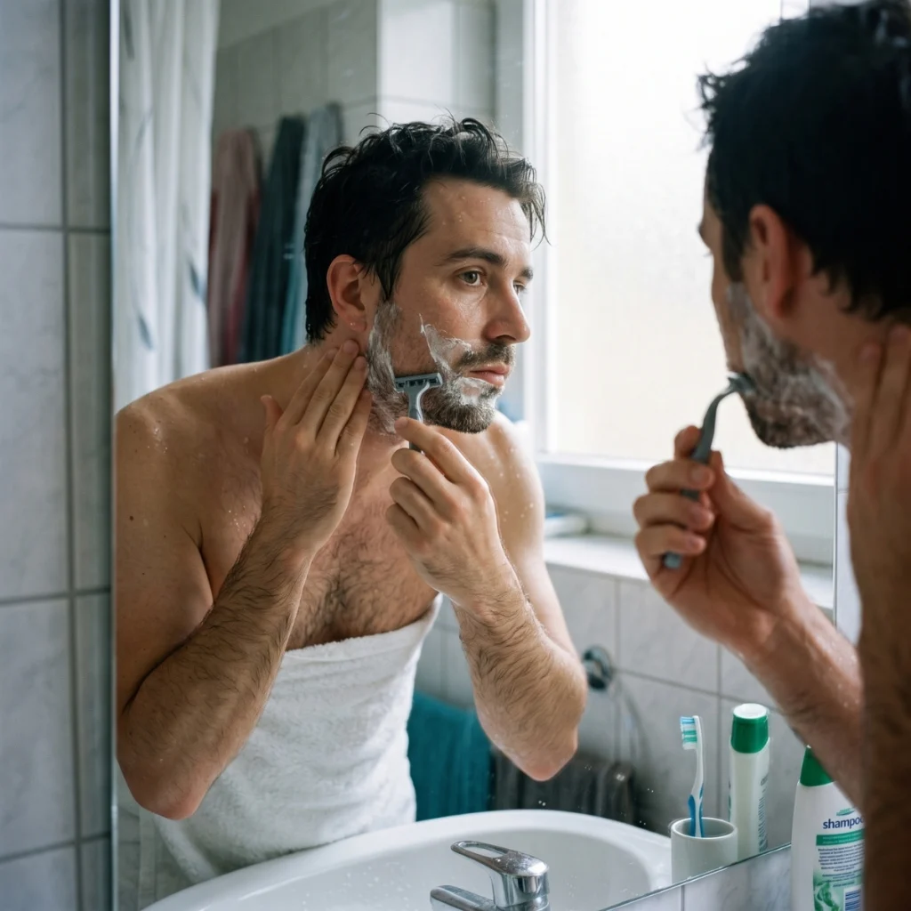 Man shaving damp facial hair with a manual razor after showering.