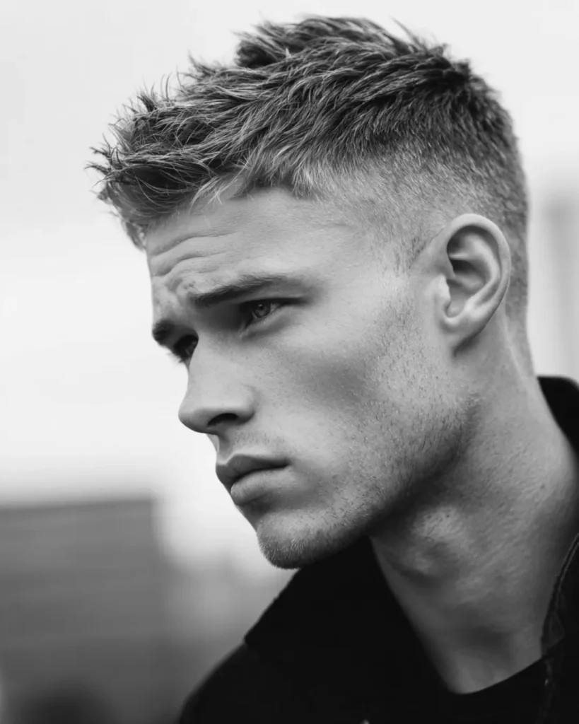 Man with a short textured quiff, showing the difference between a quiff and a bigger pompadour hairstyle.