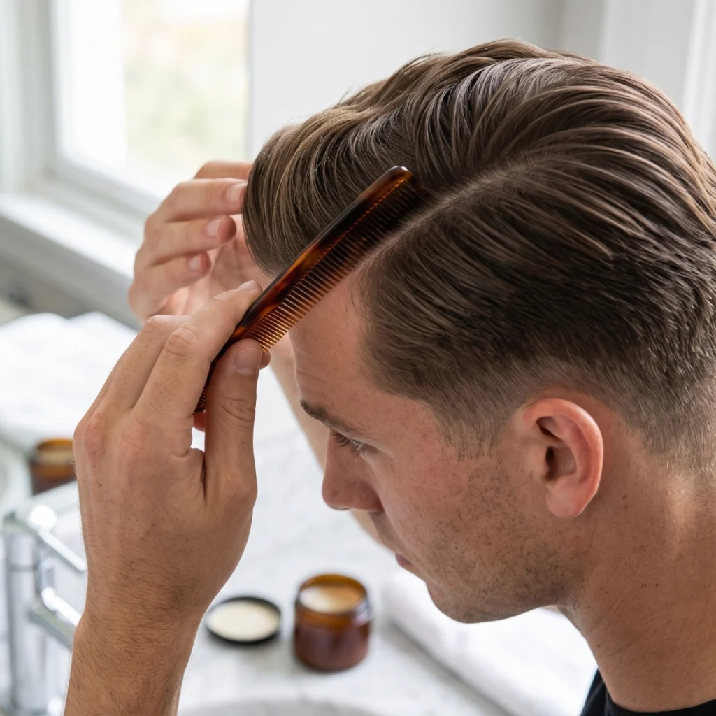 Man shaping a side part with a comb after applying pomade