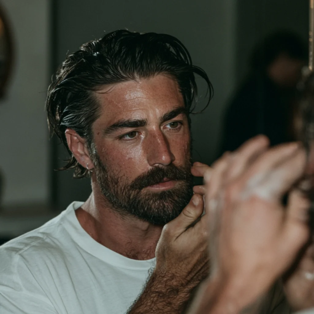 Man checking overly shiny hair after applying too much pomade