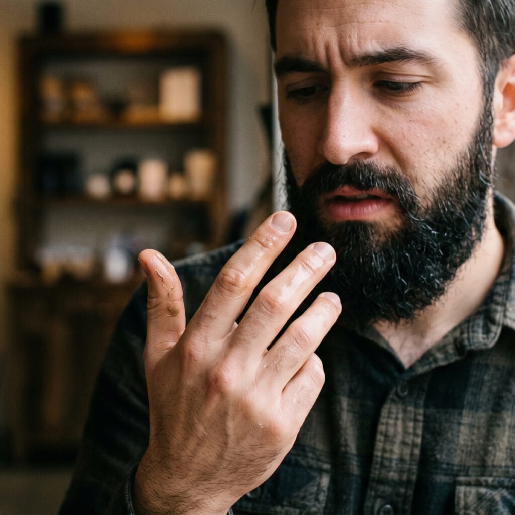 Man checking oily fingers after applying too much beard oil to a full beard