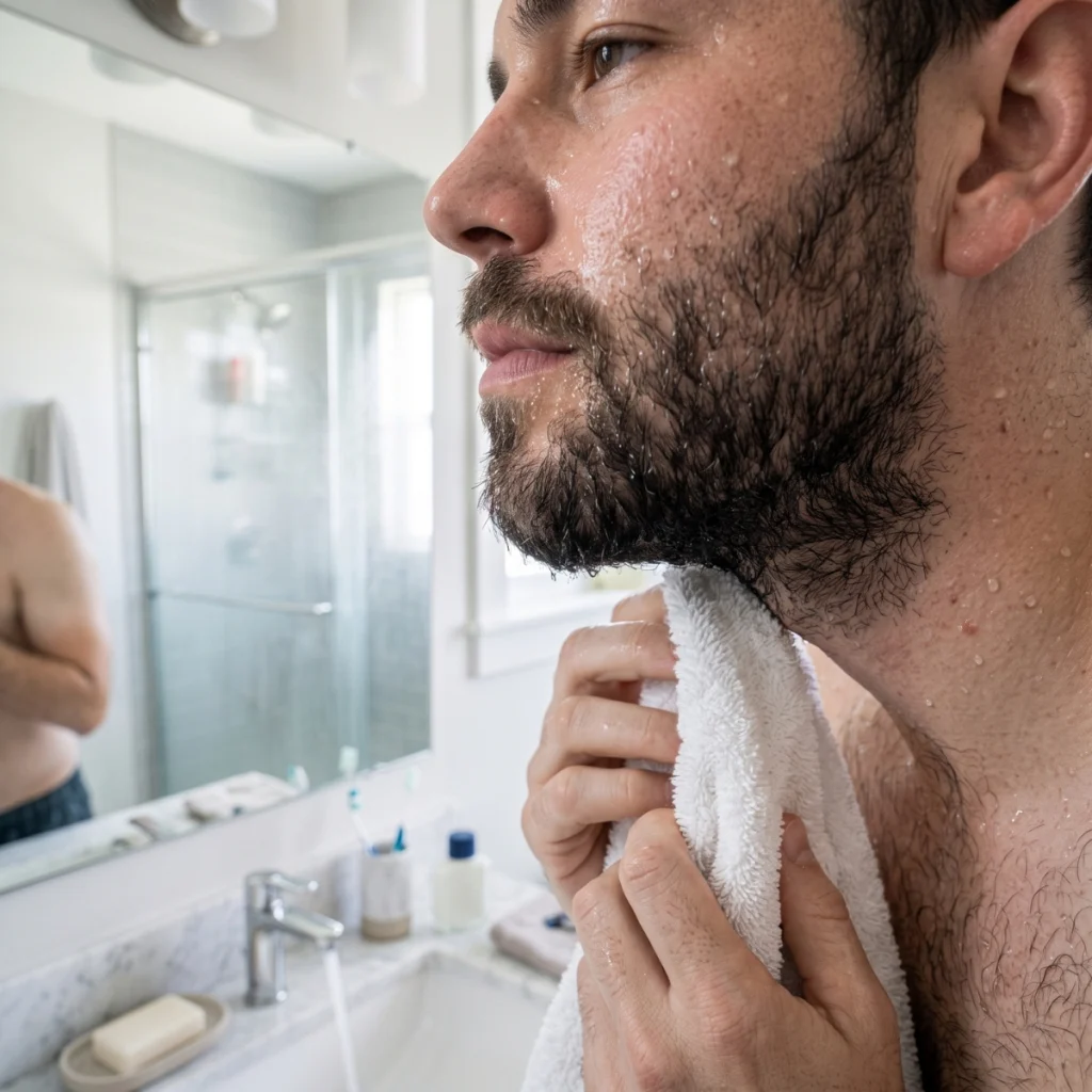 Close-up of wet beard hair after showering before shaving