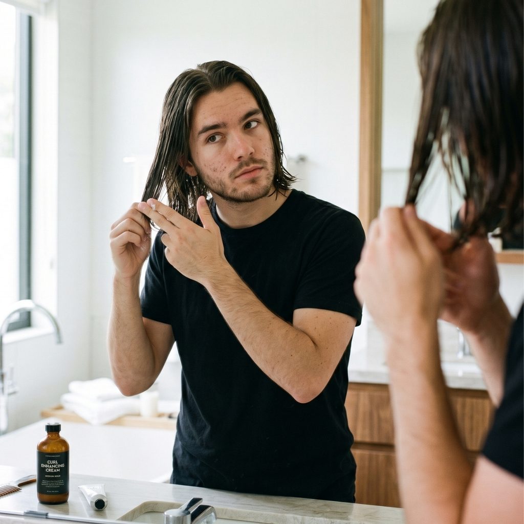 Man applying curl-enhancing product to naturally straight hair while looking in the mirror.