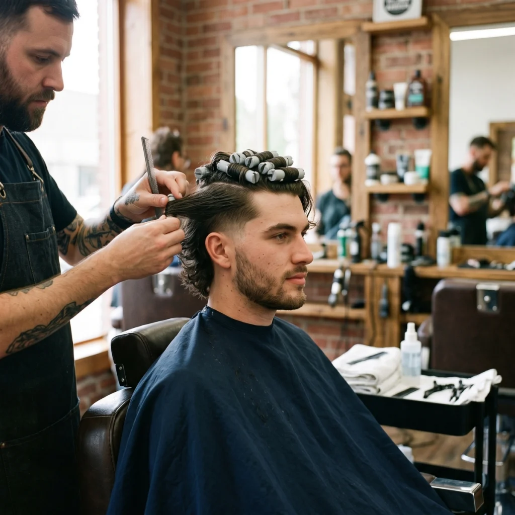 Man getting a perm with rods applied to the longer hair on top in a barbershop.