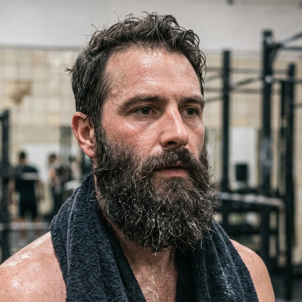 Sweaty bearded man after a workout showing when a beard may need washing