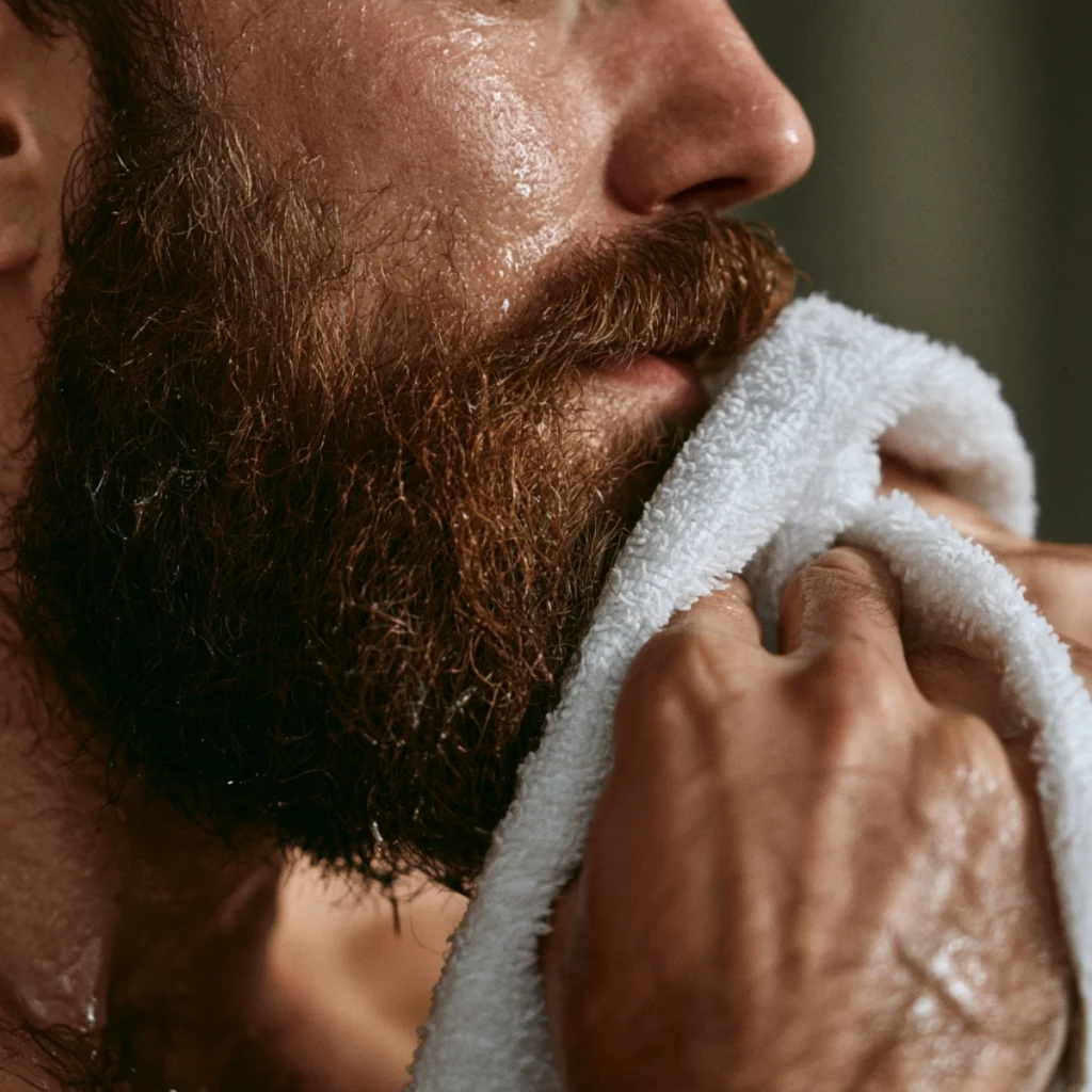 Man gently pressing a towel into a wet beard after washing