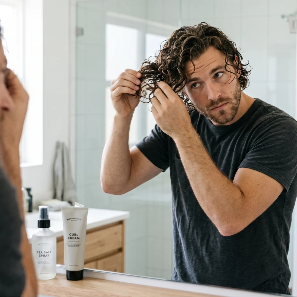 Man scrunching damp wavy hair to bring out more curl while styling in front of a mirror.