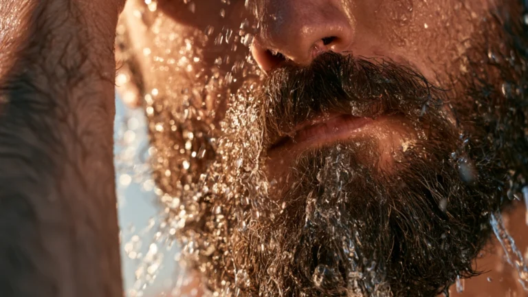 Close-up of a man washing a full beard under running water