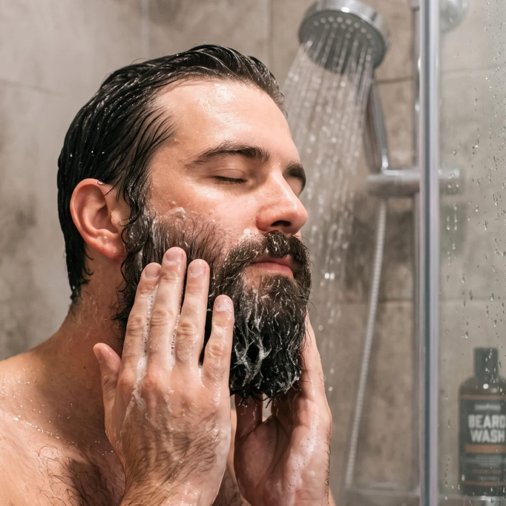 Man washing a full beard with beard wash in the shower