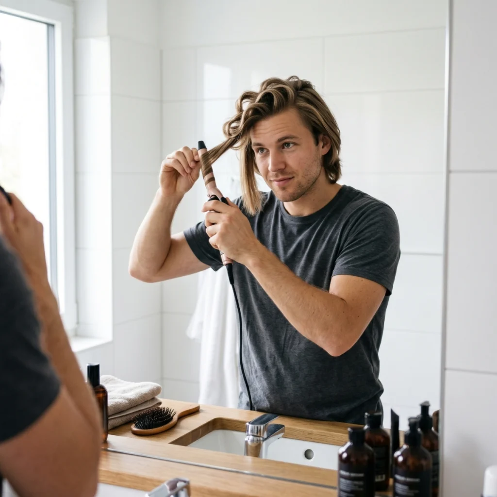 Man using a curling iron in a bathroom mirror to create temporary curls in straight hair