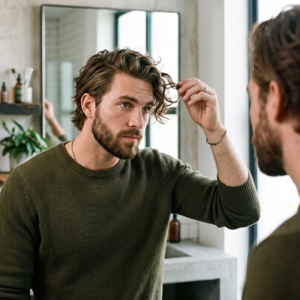 Man checking his natural wavy hair texture in the mirror before styling it for more curl.