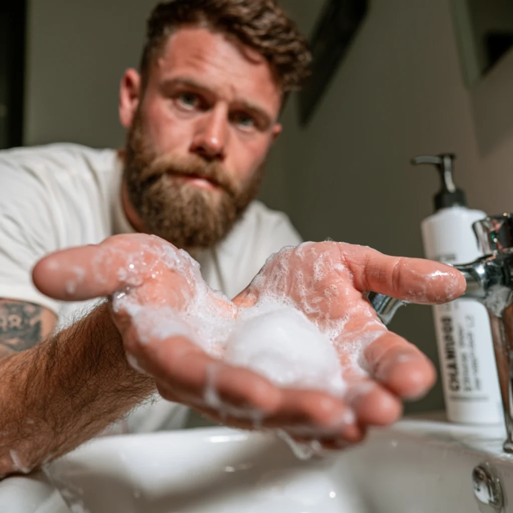 Bearded man holding too much beard wash in his hands at a bathroom sink