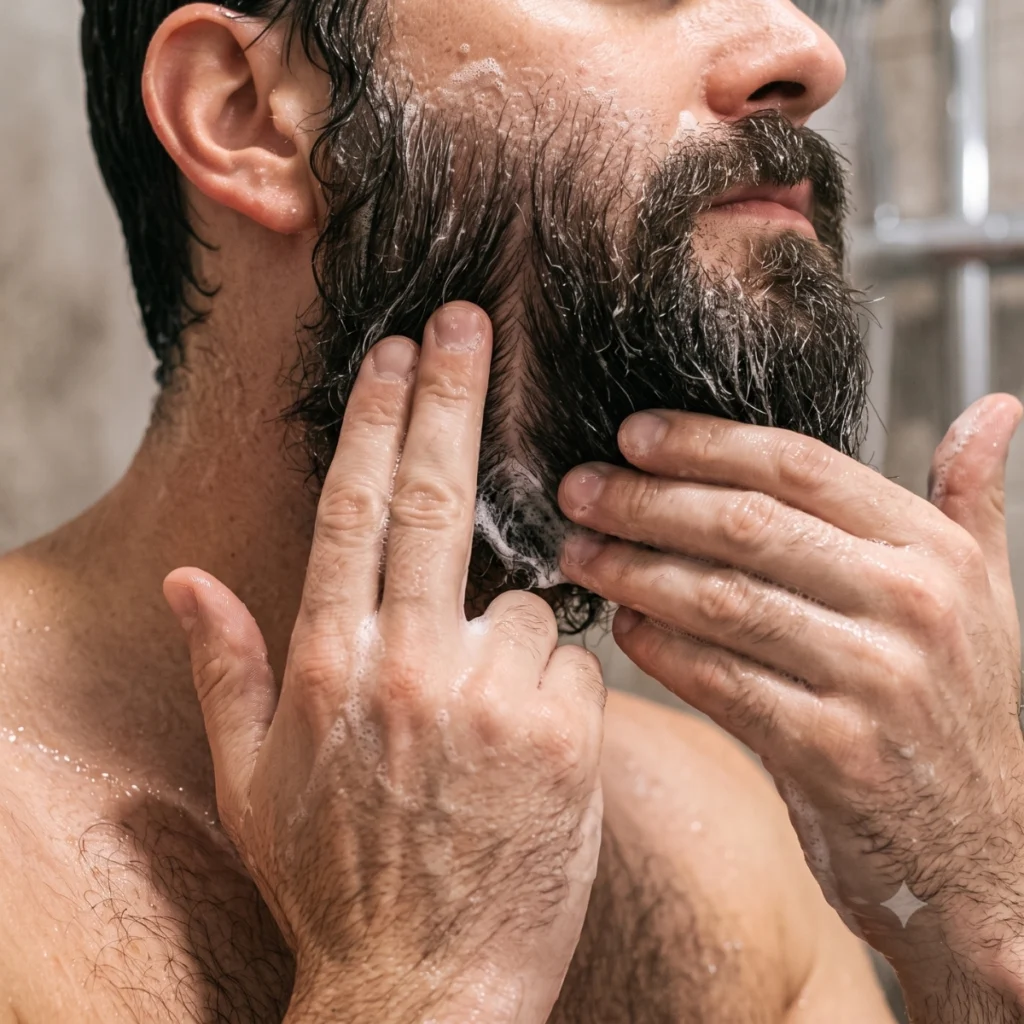 Man working beard wash through a full beard to clean the skin underneath