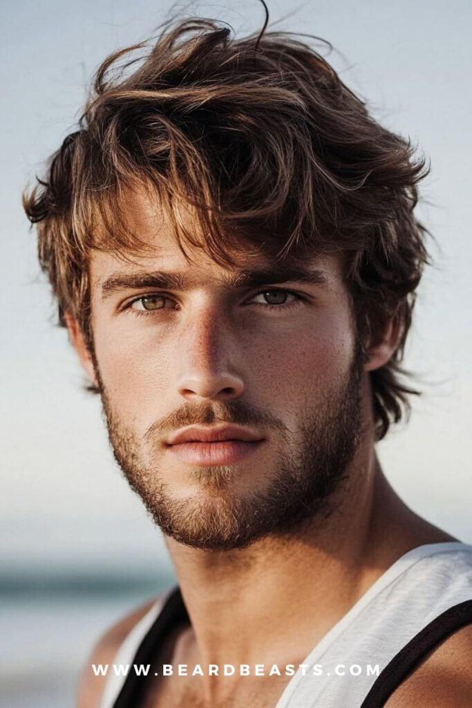 A man with a trendy shag haircut featuring tousled, layered hair that adds volume and texture. This effortlessly cool look, paired with a light beard, exemplifies a relaxed yet stylish haircut for men.