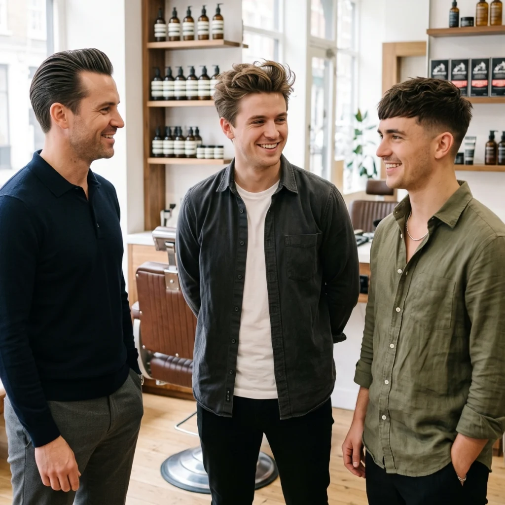 Three men with a slick back, quiff and textured crop showing different hairstyles for pomade, wax and clay.