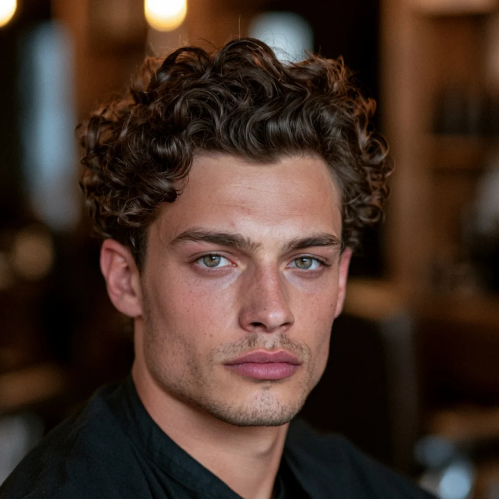 Man with brushed back curls, dark curly hair swept up and away from the forehead in a controlled shape.