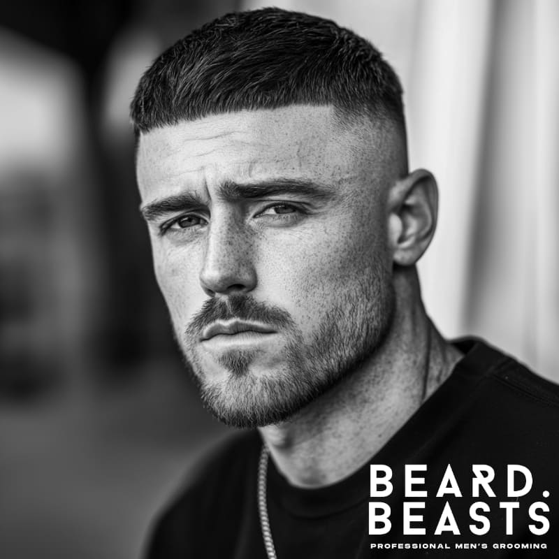Man with a short fade haircut and beard, sporting a Caesar cut, styled clean and sharp for a modern, professional look.