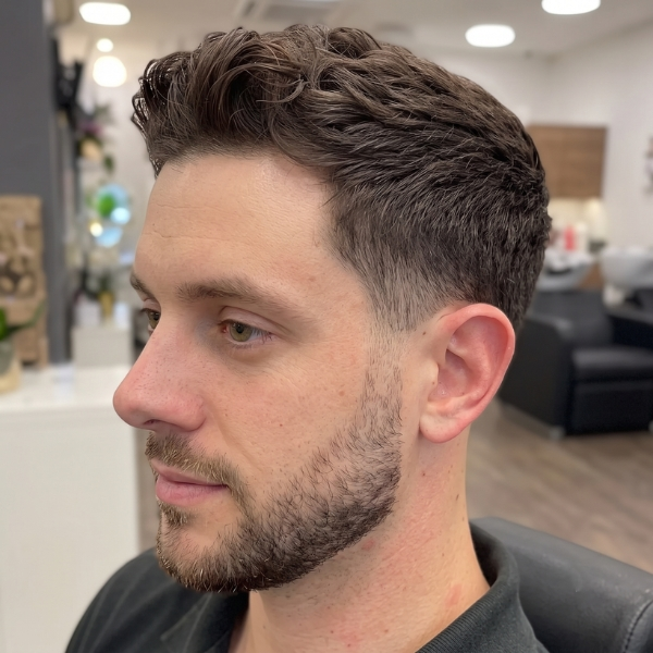 Classic low fade haircut on wavy brown hair, blending from the ear into a longer textured top with short beard
