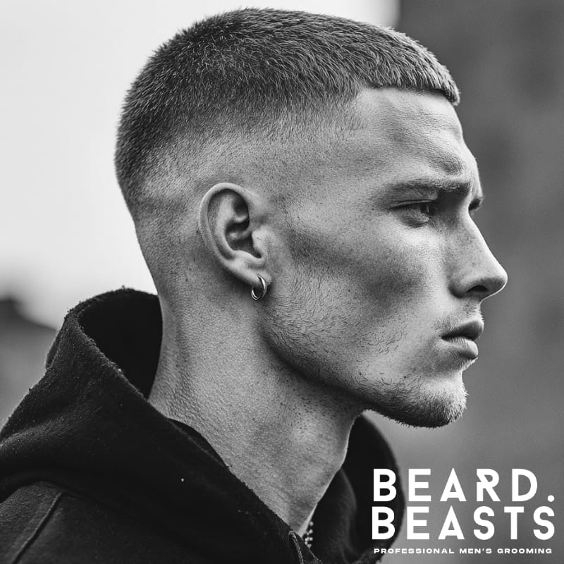 Man with a short fade haircut and stubble, showcasing a clean crew cut, side profile.