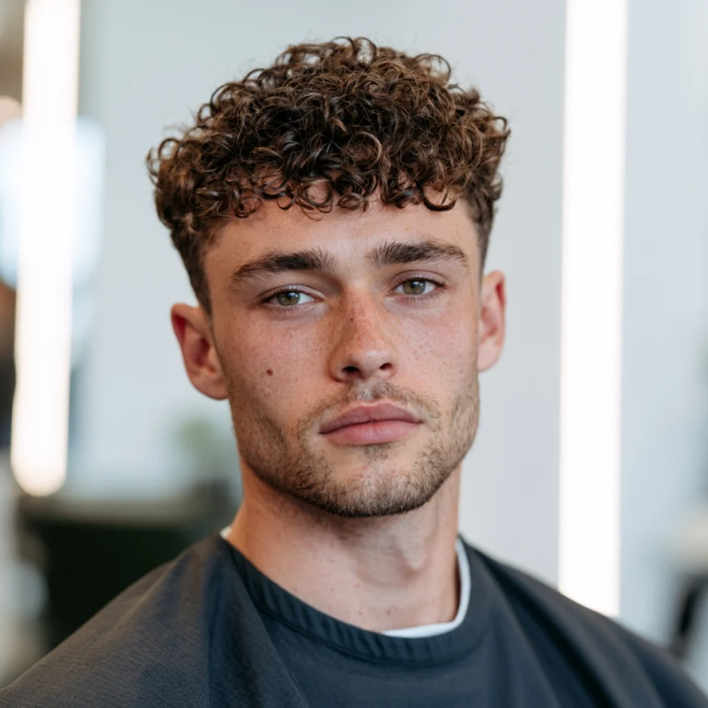 Man with crop curls, short tight curly hair styled compactly with more shape built up toward the front.