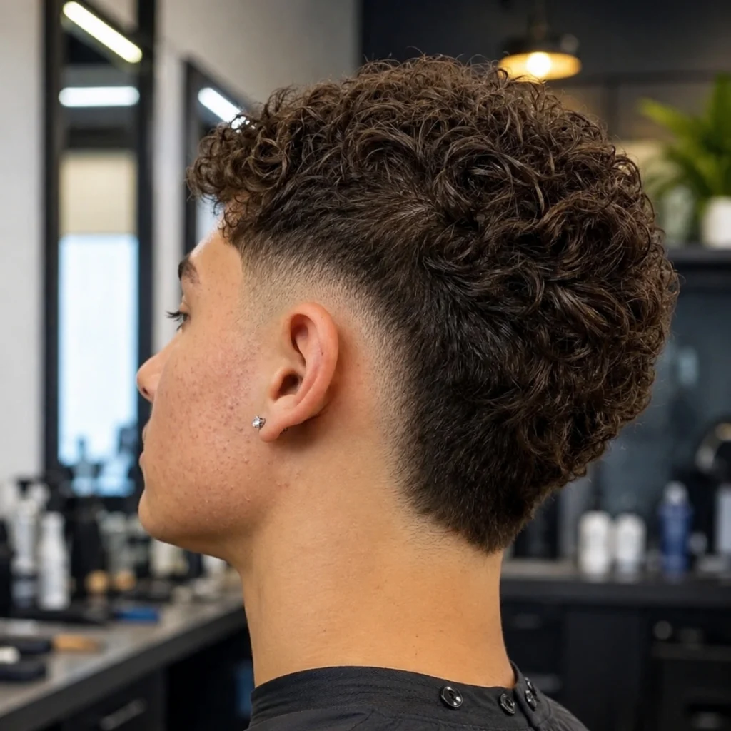 Man with a curly burst fade, tight taper concentrated around the ear with fuller curls carrying through the top and back.