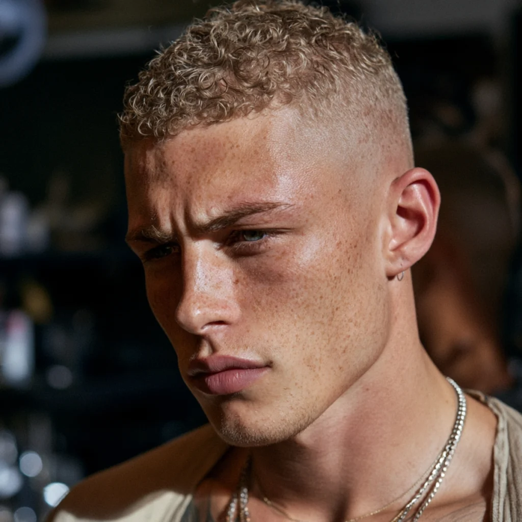 Curly buzz cut with a high fade, short defined curls on top and the fade cutting in close to the crown.