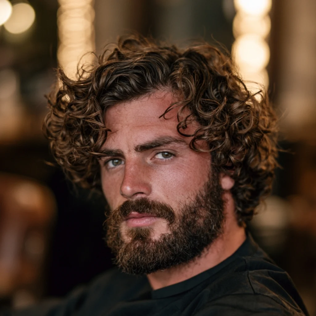 Curly flow with a full beard, loose relaxed curls at medium length paired with a thick, natural beard.