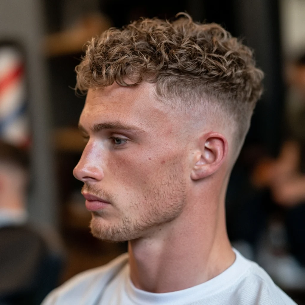 Curly hair with a high fade, full curls on top and the fade starting high near the temple.