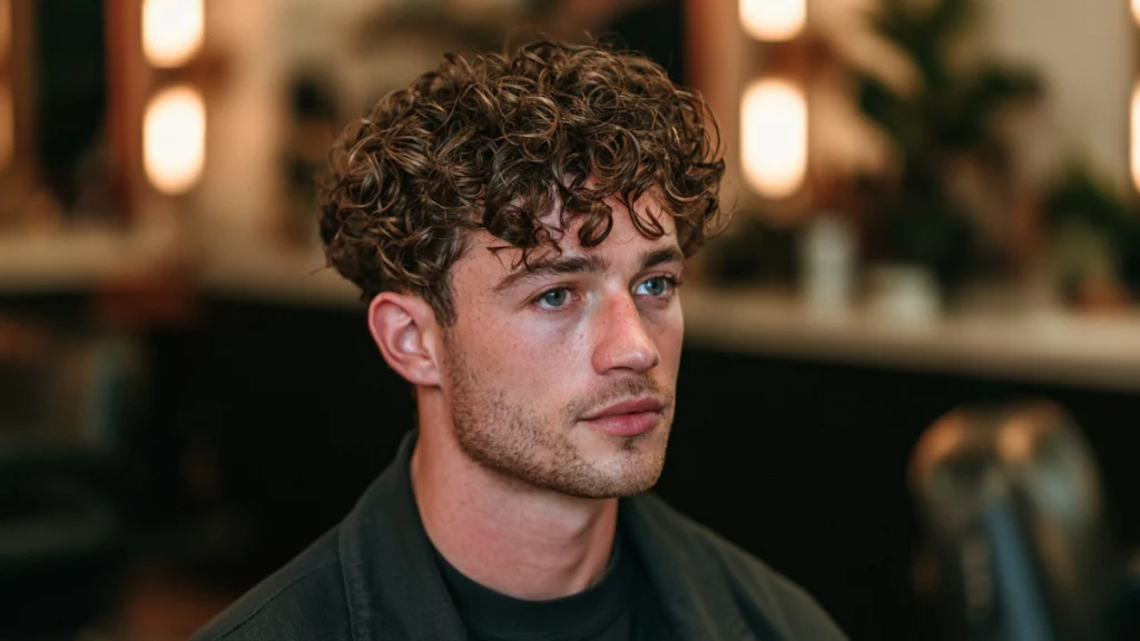 Man with medium-length curly hair styled naturally, showing the texture and volume typical of curly haircuts for men.