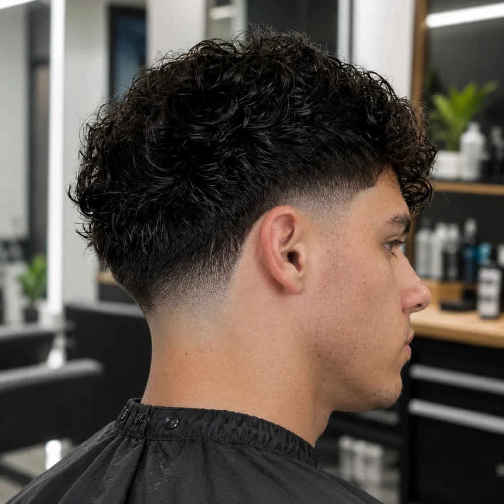 Man with a curly high taper, faded sides rising higher up the head with a full curly top from a side angle.