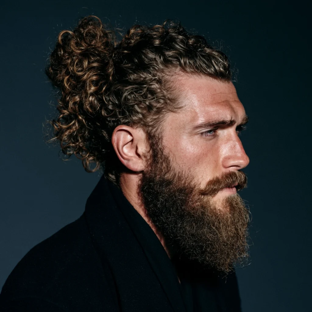 Man with a curly man bun, dark curly hair swept up and back from a side profile view showing the gathered top section.