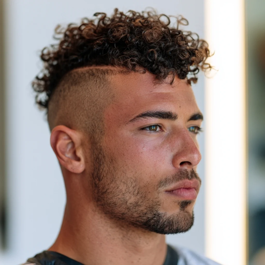 Man with a curly mohawk, high faded sides framing a strip of curly hair through the center of the head.