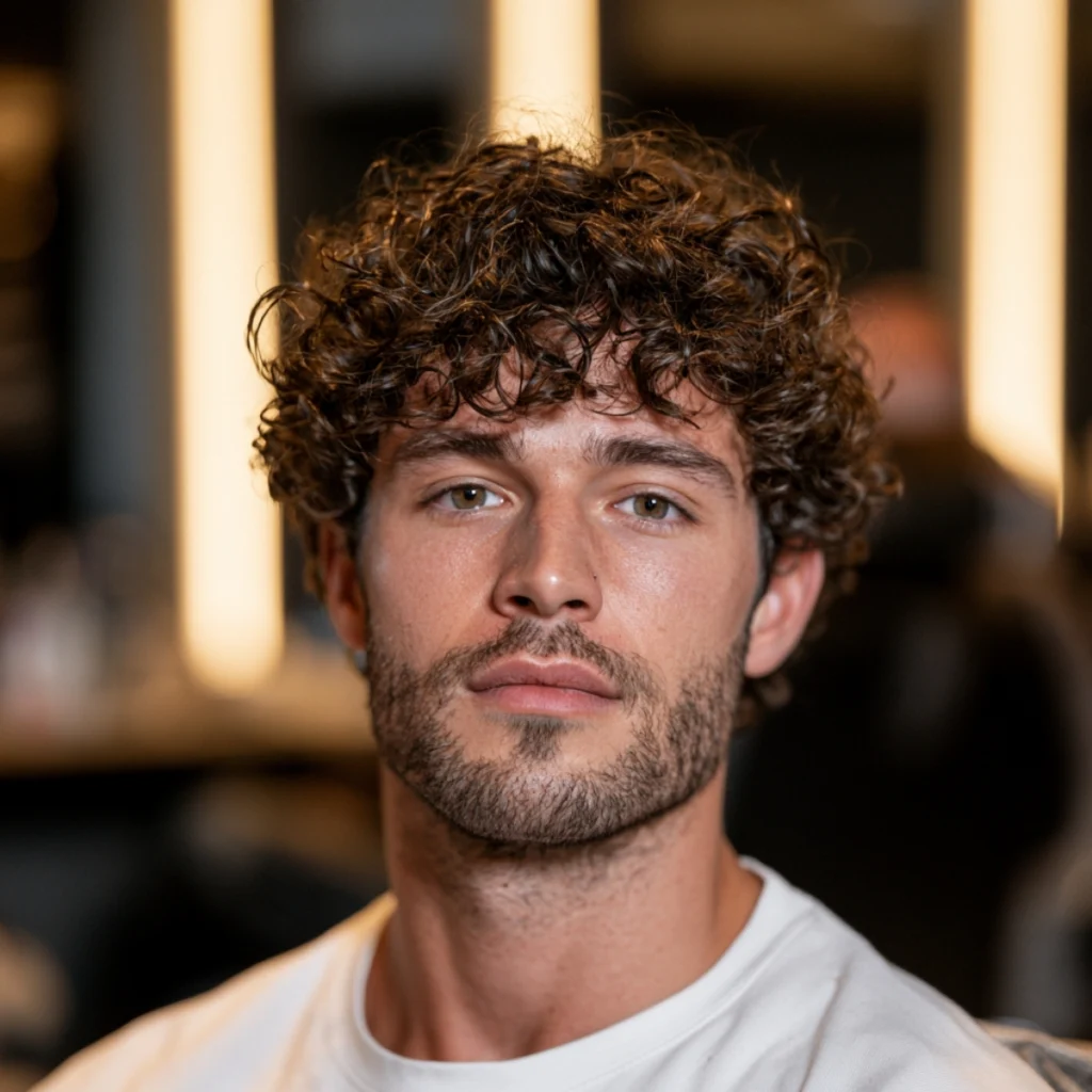 Man with a curly perm, dense uniform curls covering the top and sides in a rounded shape.