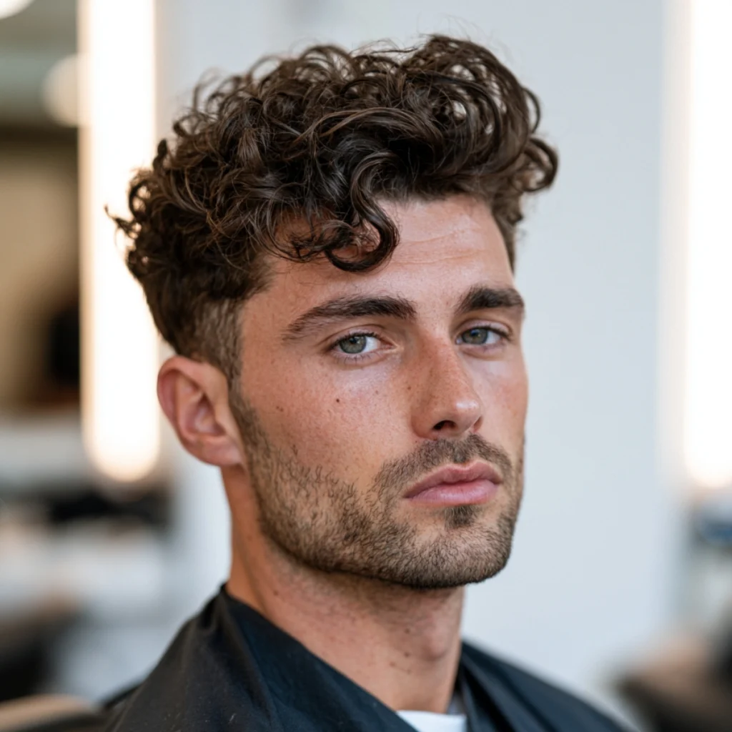 Man with a curly pompadour, voluminous curly hair lifted and swept back from the front with tapered sides.