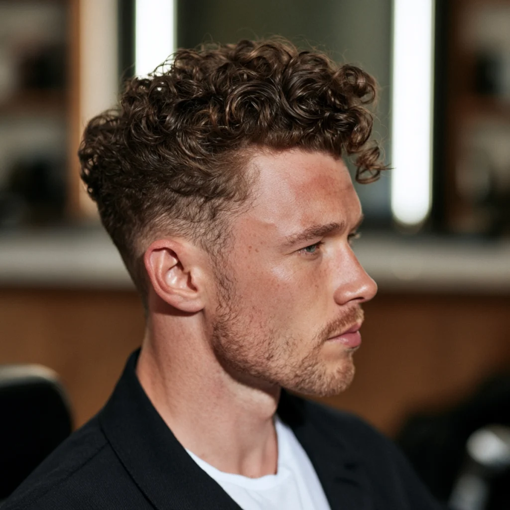 Man with a curly quiff, curls lifted upward at the front with a tapered side profile view.