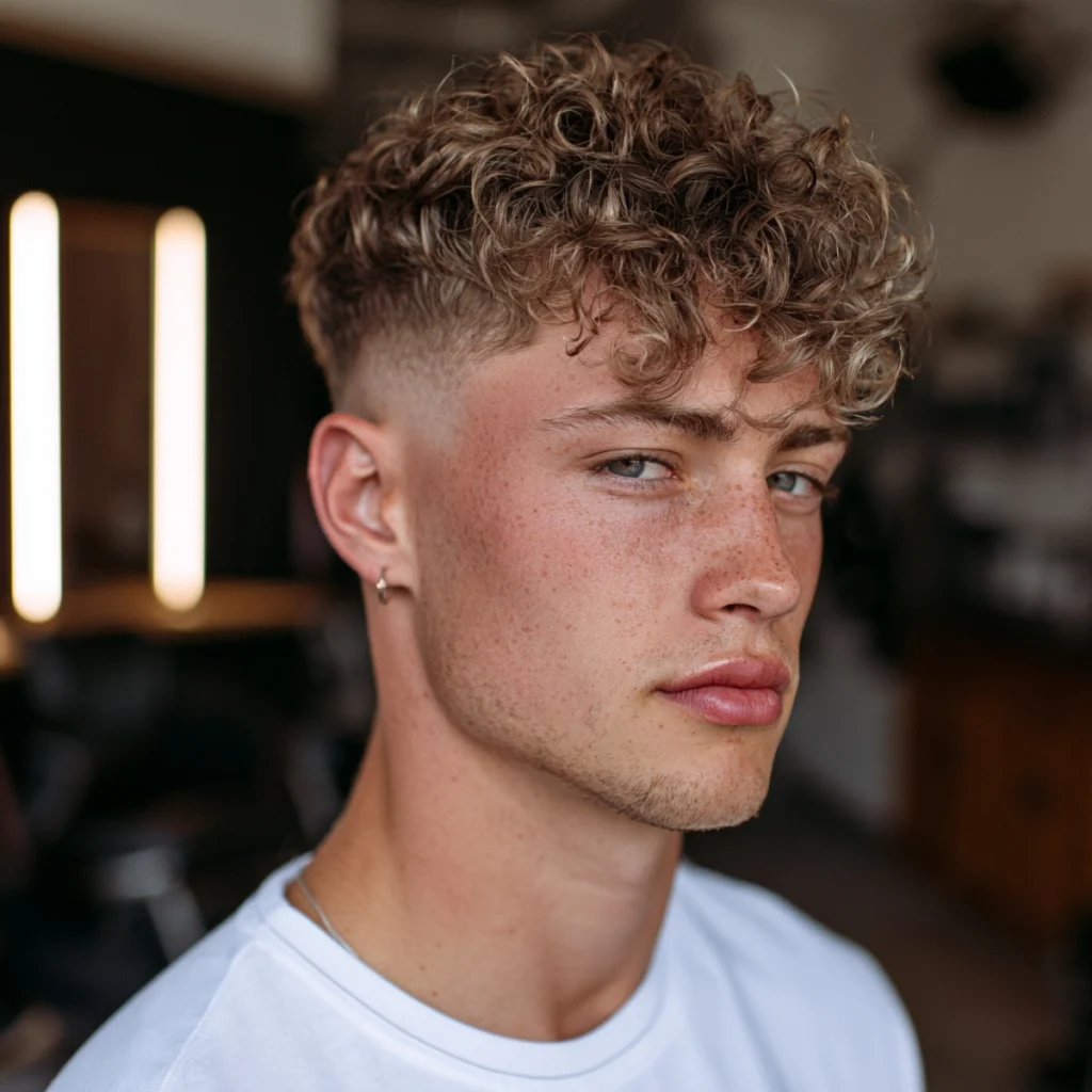 Curly skin fade with full curls on top and the sides shaved down to bare skin.
