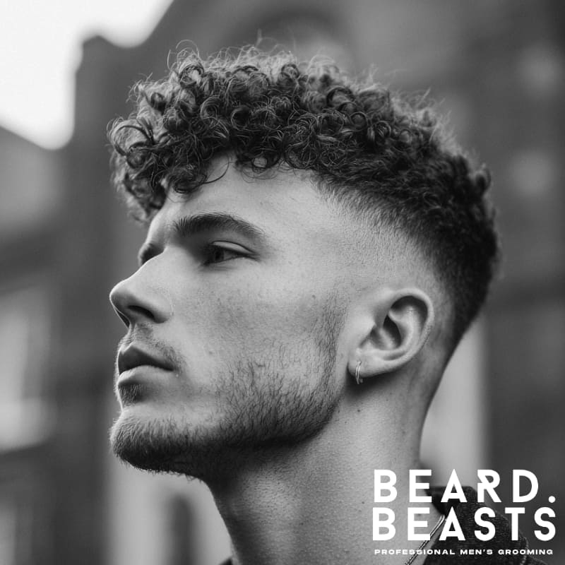 Man with a curly top and high drop fade haircut, side profile showcasing natural curls and clean fade.