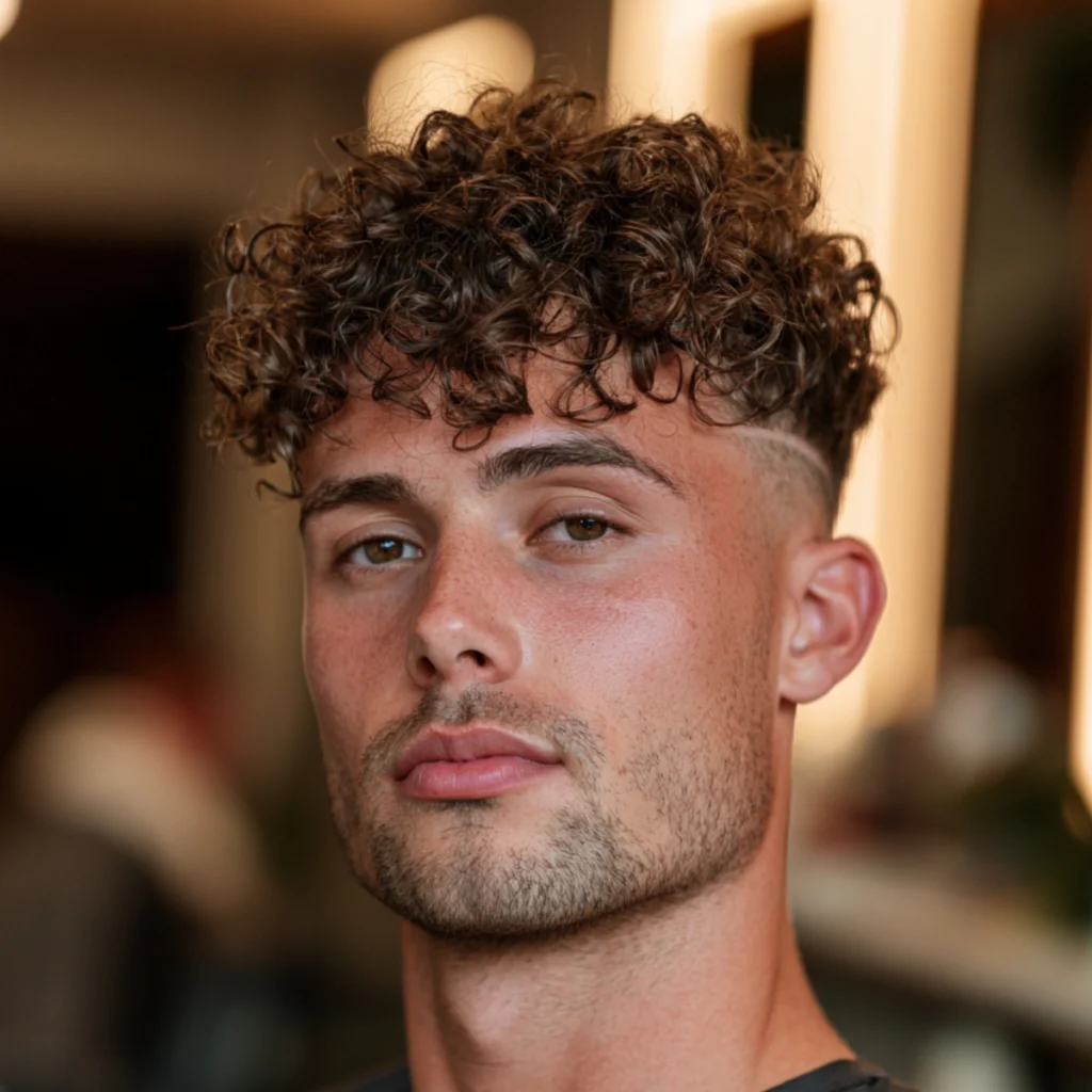 Curly undercut with full curls on top and a hard line where the shaved sides meet the curl.