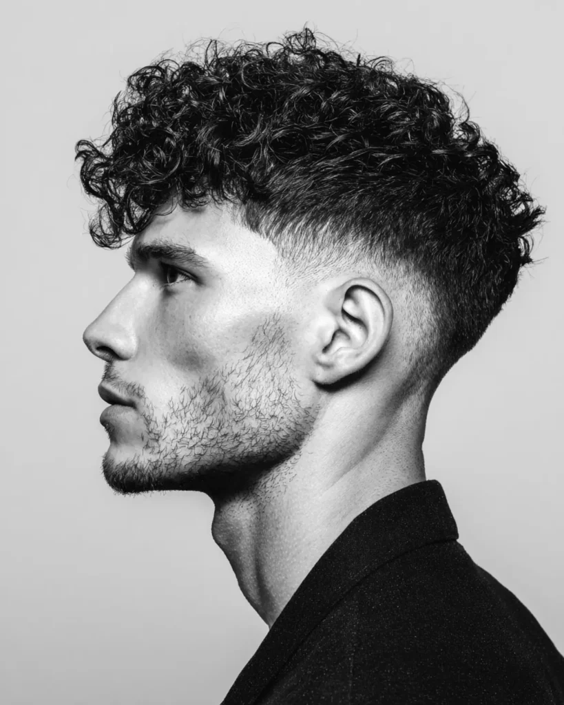 Men’s drop fade haircut with short curly hair on top and light stubble.