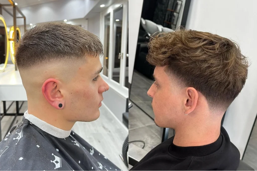 Fade vs taper haircut comparison showing a skin fade beside a taper with fuller sides