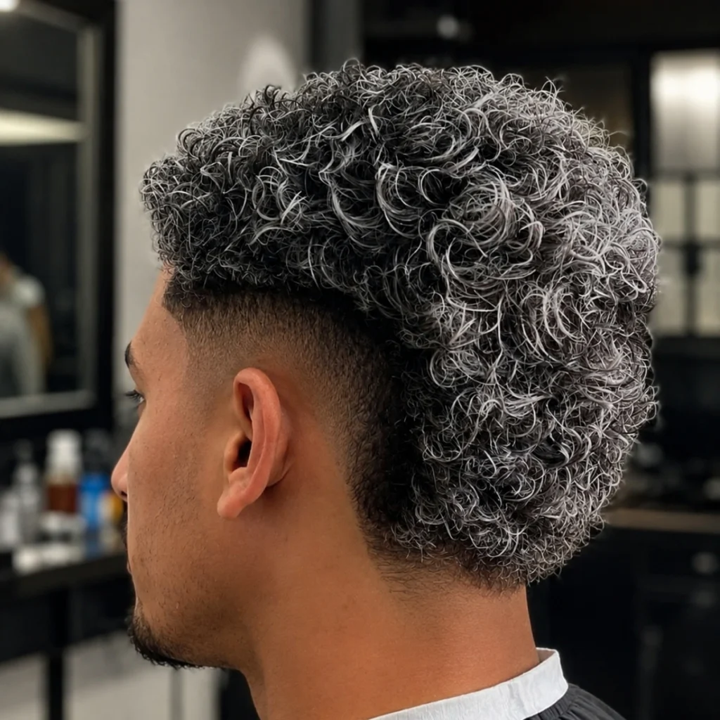 Man with a frosted curly top and burst fade, white-tipped curls with a tight faded taper around the ear.