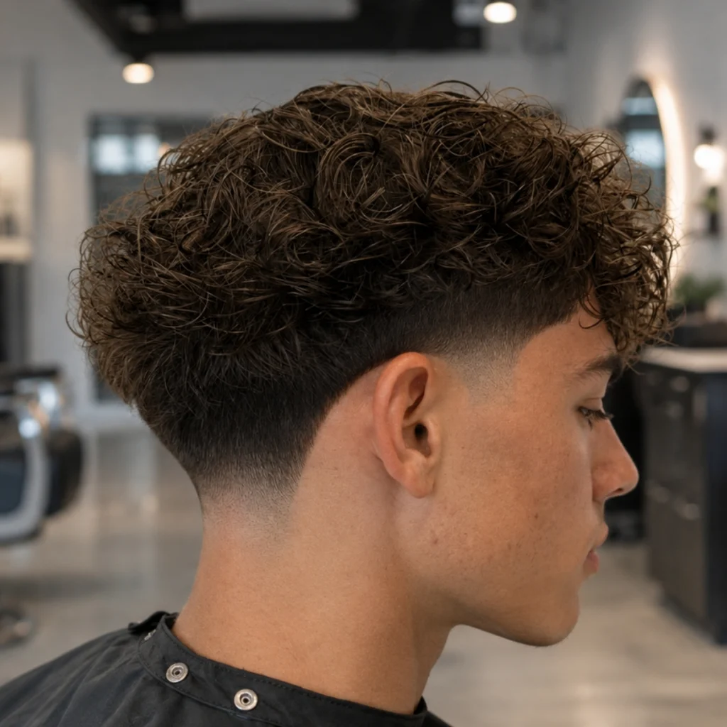 Man with a heavy curly fringe and taper fade, dense curls covering the forehead with a tapered side profile.