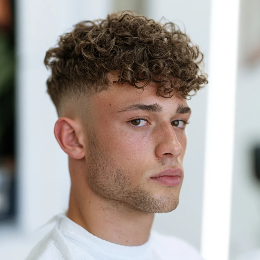 Man with a high skin fade and curly hair, tight fade rising above the temple into a dense curly top.
