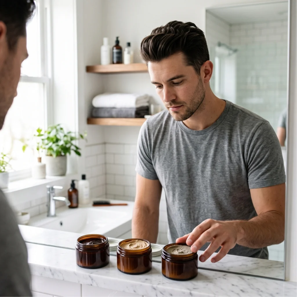 Man choosing between pomade, wax and clay in a bright bathroom.