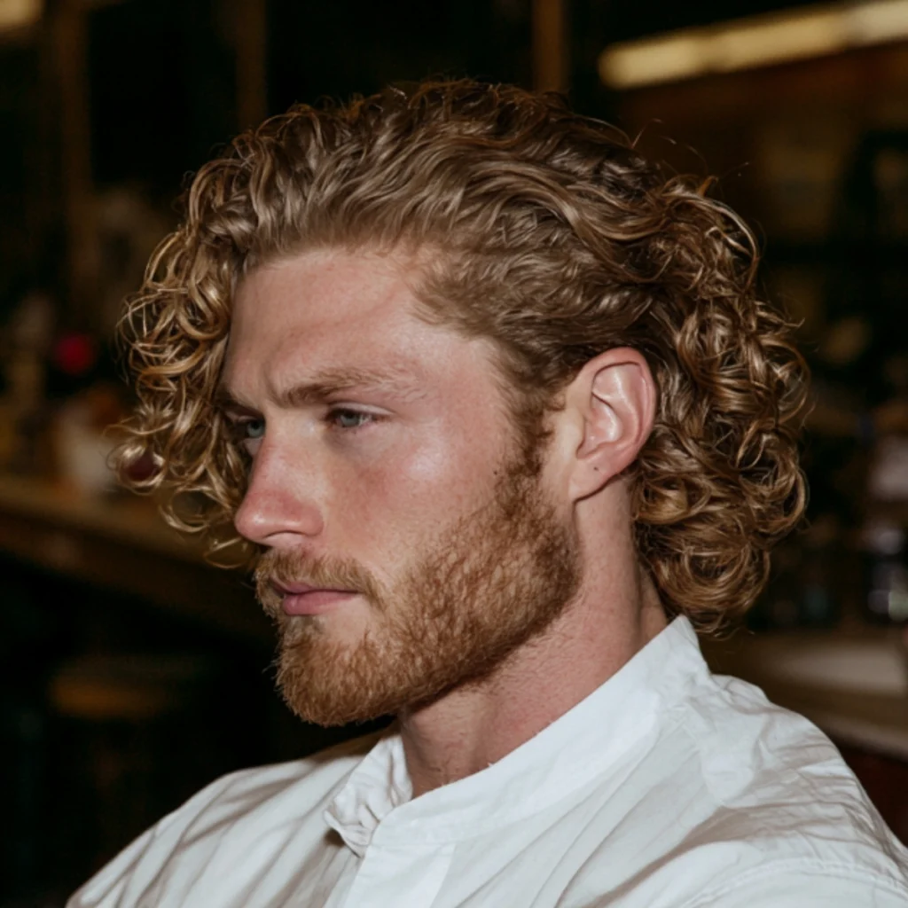 Man with long brushed back curls, longer curly hair swept back off the forehead and falling past the ear.