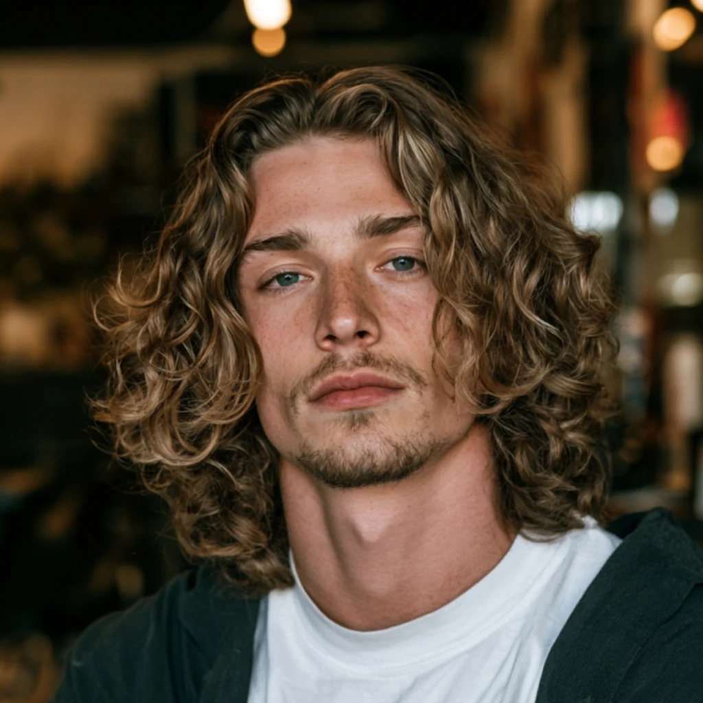 Man with long curly hair and a middle part, shoulder-length curls falling evenly on both sides of his face.