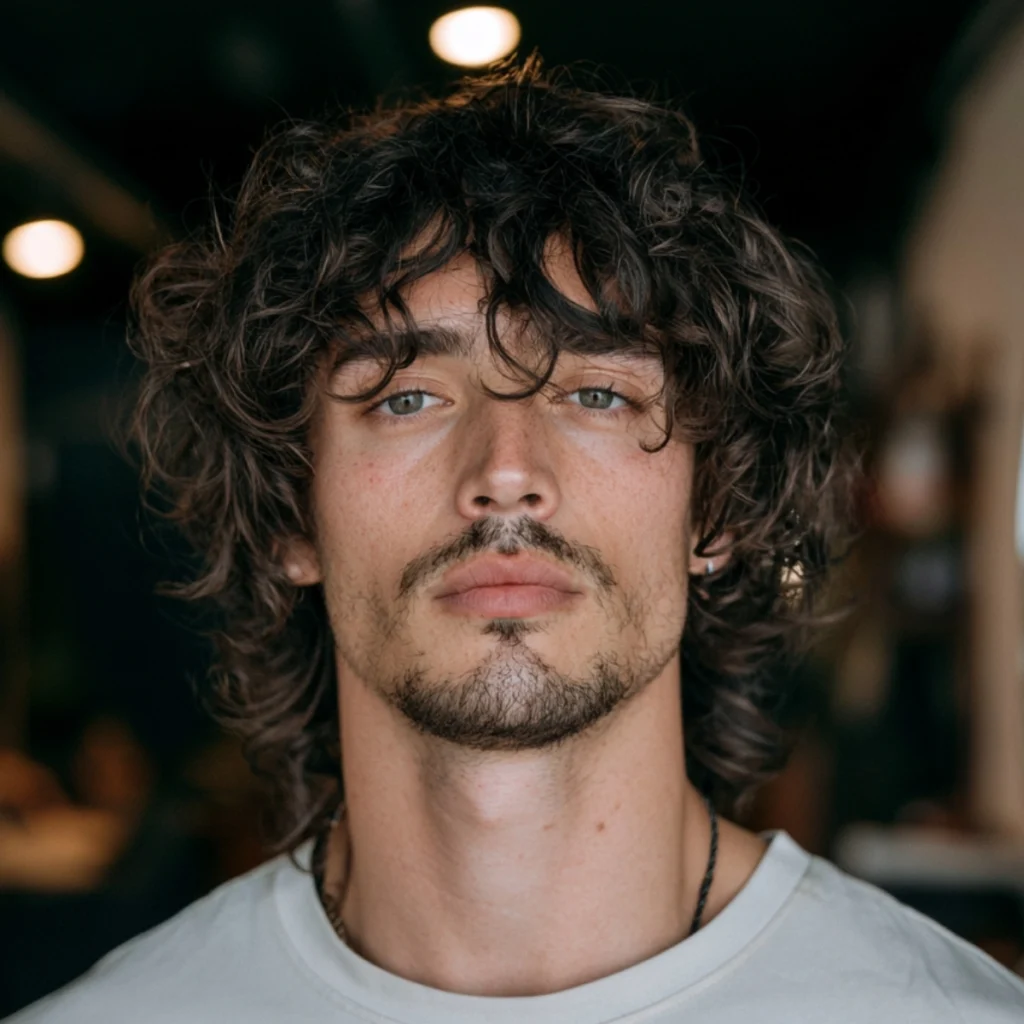 Man with a long curly shag, dark curly hair layered past the jaw with visible separation through the ends.