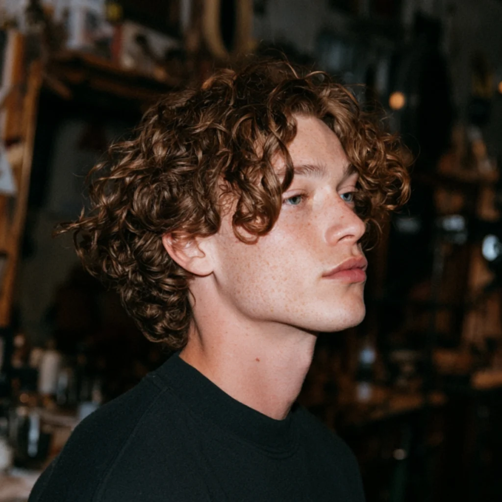 Long natural curls falling past the ears with full curl definition and no fade.