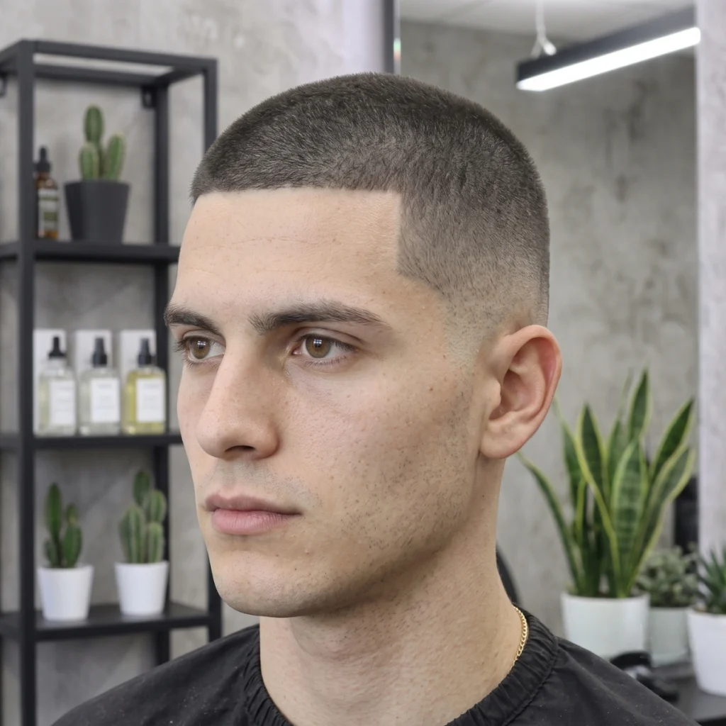 Low fade buzz cut with a sharp line up at the hairline and even short hair across the top